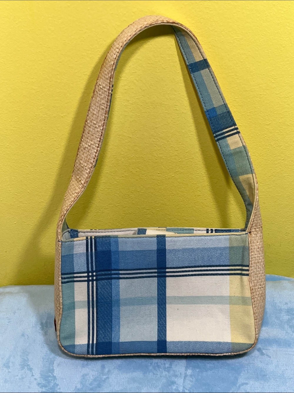 Fossil Woven + Plaid Canvas Shoulder Bag Summer Purse Like New Coastal Vibe